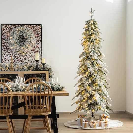 7.5ft. Pre-Lit Flocked Pencil Spruce Artificial Christmas Tree, Warm White LED Lights